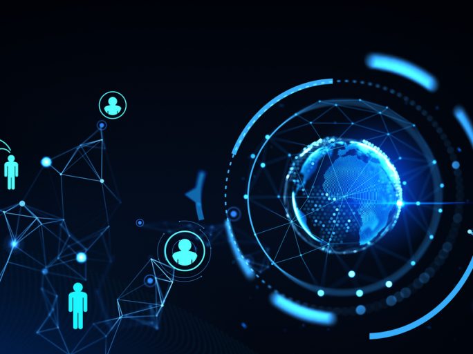 Glowing earth sphere and diverse people icons